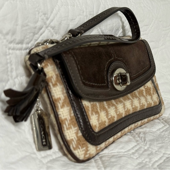 Coach Hamptons Vintage Mini Bag Y2K Brown Houndstooth Wool & Suede Turnlock - Picture 4 of 16